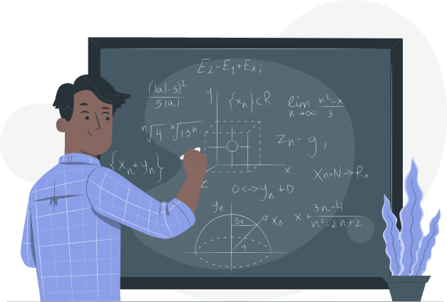 Illustration of a person working through equations on a chalkboard